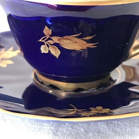 Bareuther Waldsassen Echt Cobalt Handarbeit Rose Demitasse Cup & Saucer Set 24kt - Picture 8 of 16
